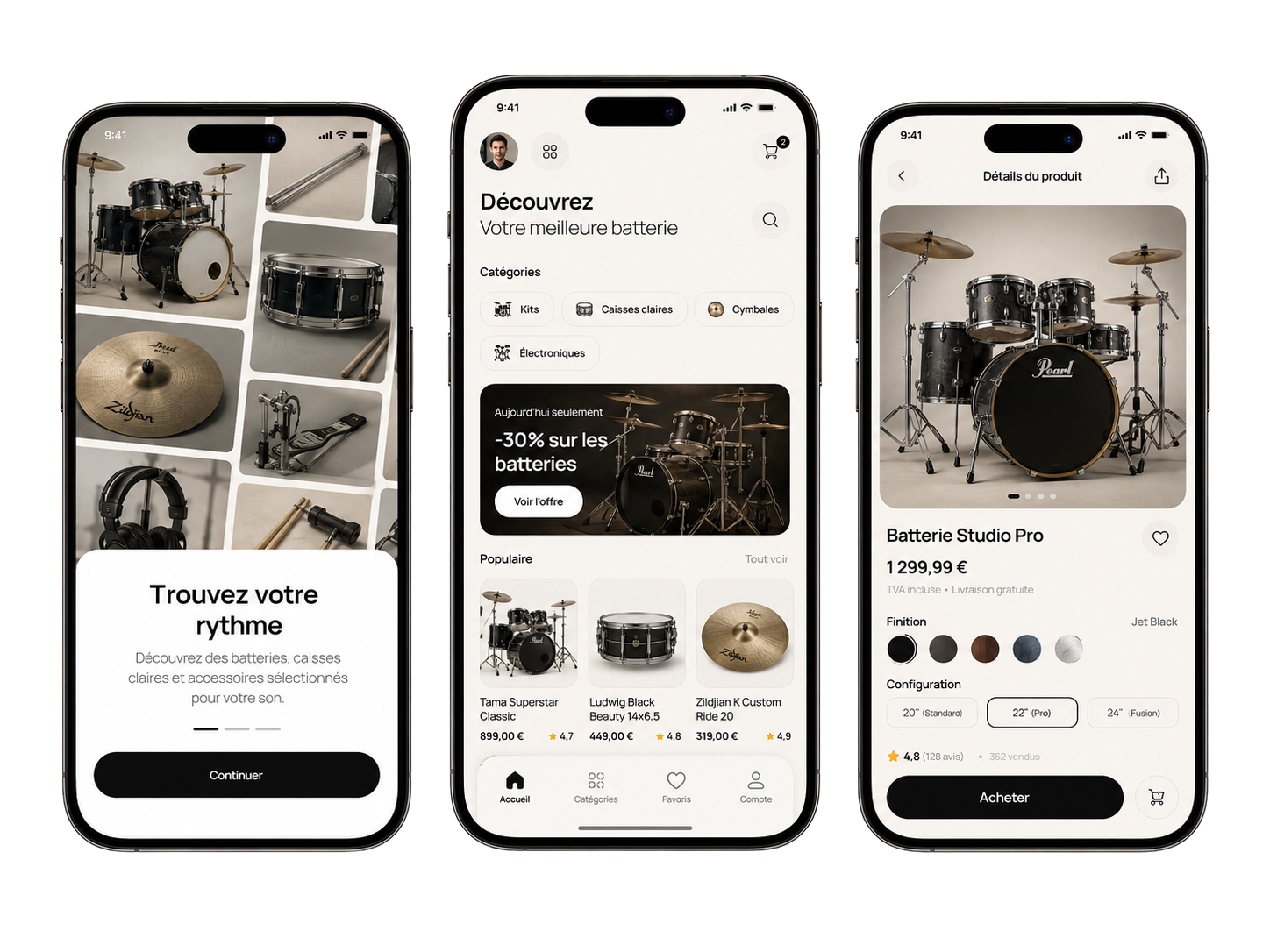 Mockup d'application mobile e-commerce pour batteries et percussions